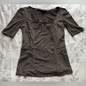 Y2K Nylon Brown White Polka Dot Micro Mesh Bow Top Small Coquette Cottage Office